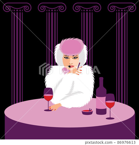Fashion girl with red lips in fur coat. Beautiful woman face vector illustration. 86976613