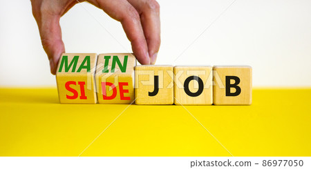 Extra or side job symbol. Businessman turns wooden cubes and changes concept words Side job to Main job. Beautiful yellow table white background, copy space. Business side or main job concept. Extra or side job symbol. Businessman turns wooden cubes and changes concept words Side job to Main job. Beautiful yellow table white background, copy space. Business side or main job concept. 86977050