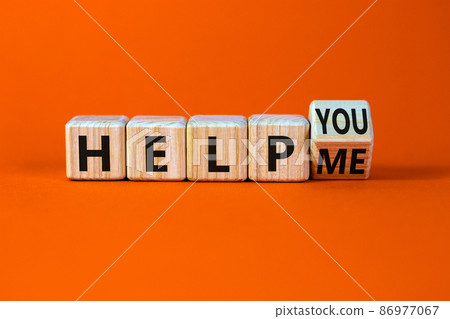 Help you or me symbol. Turned a wooden cube and changed words help me to help you. Beautiful orange table, orange background, copy space. Business, motivational and help you or me concept. Help you or me symbol. Turned a wooden cube and changed words help me to help you. Beautiful orange table, orange background, copy space. Business, motivational and help you or me concept. 86977067