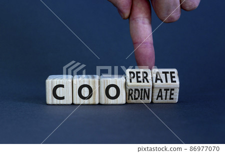 Coordinate and cooperate symbol. Businessman turns wooden cubes and changes the word 'cooperate' to 'coordinate'. Beautiful grey background. Coordinate, cooperate and business concept. Copy space. Coordinate and cooperate symbol. Businessman turns wooden cubes and changes the word 'cooperate' to 'coordinate'. Beautiful grey background. Coordinate, cooperate and business concept. Copy space. 86977070