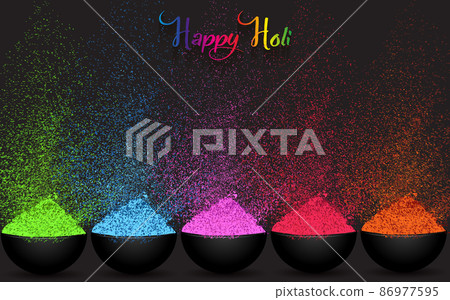 Colorful gulaal, powder color, indian festival for Happy Holi card with colourful explosion patterned and crystals on paper black color Background, vector illustration banner template Colorful gulaal, powder color, indian festival for Happy Holi card with colourful explosion patterned and crystals on paper black color Background, vector illustration banner template 86977595