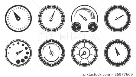Speedometer indicator load scale black glyph set. Transport icon measurement speed dashboard driving symbol. Traffic online download power progress internet technology traffic measuring isolated white 86977669