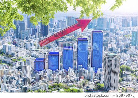 Bar graph rising to the right and cityscape Bar graph rising to the right and cityscape 86979073