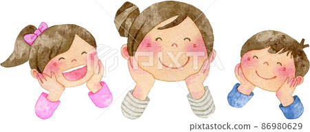 微笑的父母和孩子靠在下巴上的水彩插圖 微笑的父母和孩子靠在下巴上的水彩插圖 86980629