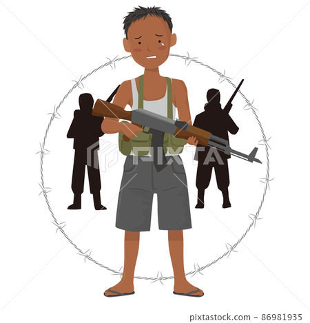 Child soldiers weeping with guns, SDGs, unworthy labor Child soldiers weeping with guns, SDGs, unworthy labor 86981935
