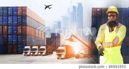 Double exposure  engineer working  logistic shipping business industry  and safety concept of transportation import-export 86981955