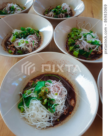 Braised beef clear noodle with meat ball soup stew 86983069