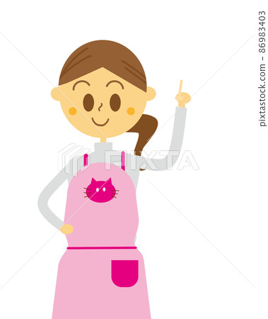 一個帶著圍裙、寵物店店員、托兒所老師和母親擺姿勢的女人 一個帶著圍裙、寵物店店員、托兒所老師和母親擺姿勢的女人 86983403