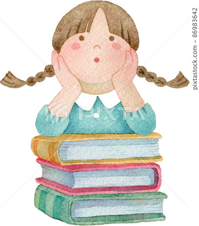 Illustration of a girl with a cheek stick on a book 86983642
