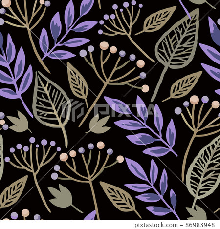 Seamless pattern with berry branches and skeleton autumn leaves. Vector hand drawn illustration.  86983948