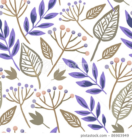 Seamless pattern with berry branches and skeleton autumn leaves. Vector hand drawn illustration.  86983949