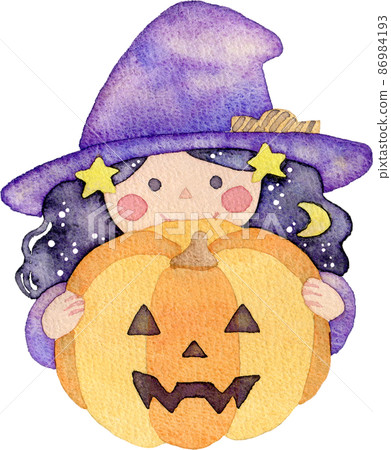 Illustration of a witch girl with Jack O Lantern 86984193