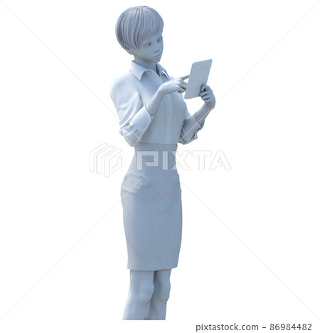 Female employee using a tablet White doll clay model plaster statue perming3DCG illustration material 86984482
