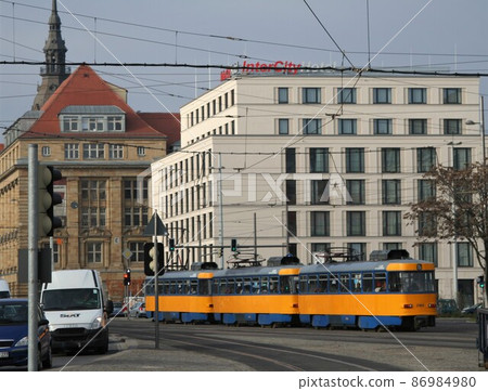 Leipzig tram going in front of the central station Germany 86984980