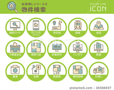 房屋搜索系列 2 屬性搜索顏色線圖標集 房屋搜索系列 2 屬性搜索顏色線圖標集 86986697