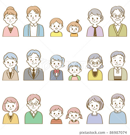 插圖素材集：3 組 3 代家庭面帶微笑面對前方（帶上半身 / 手繪主線） 86987074