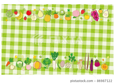 Vegetables and Fruits Frame Green Plaid Background Postcard 86987122