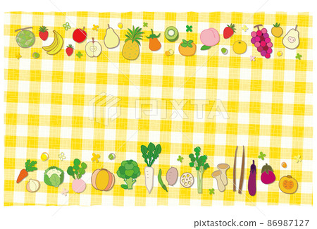 Vegetables and Fruits Frame Yellow Plaid Background Postcard 86987127