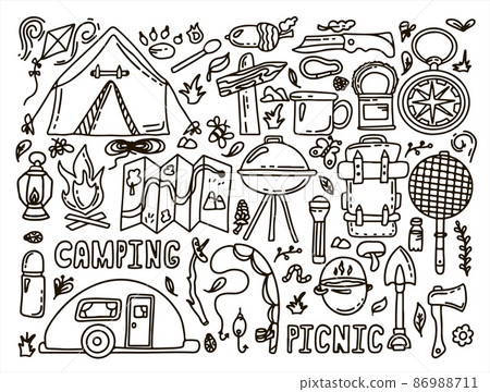 Big Doodle vector camping set. Sketch hiking Icons.Hand draw illustration for summer picnic in nature. Camping equipment Big Doodle vector camping set. Sketch hiking Icons.Hand draw illustration for summer picnic in nature. Camping equipment 86988711