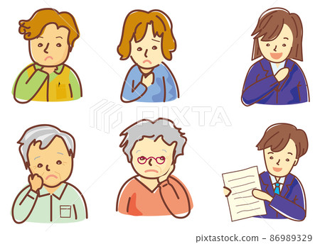 Upper body set of businessmen and businesswomen who solve troubles, worries and problems of family and individuals 86989329