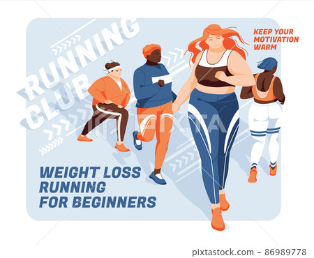 Banner for advertising running competitions or training. Group of overweight women running on an abstract background. Design for presentations, print, web advertising banners. 86989778