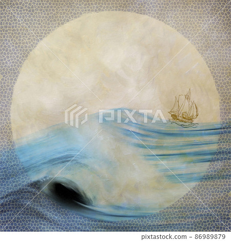 帆船漂浮在復古瓷磚圓邊後面的海天,復古紙藍色紋理的方形背景插圖 帆船漂浮在復古瓷磚圓邊後面的海天,復古紙藍色紋理的方形背景插圖 86989879
