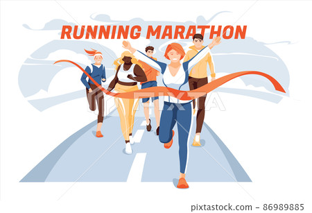 Different people characters run to finish the marathon distance. The concept of a healthy lifestyle. Various races and big size athletes. Flat, cartoon vector. 86989885