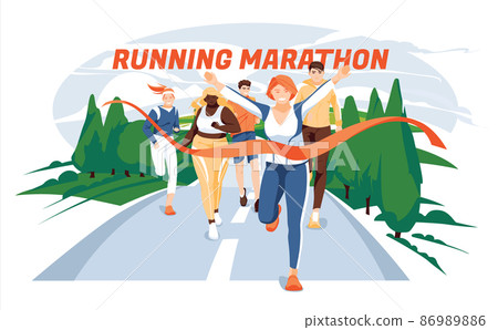 Different people characters run to finish the marathon distance. Summer, spring, field and trees. The concept of a healthy lifestyle. Various races and big size athletes. Flat, cartoon vector. 86989886