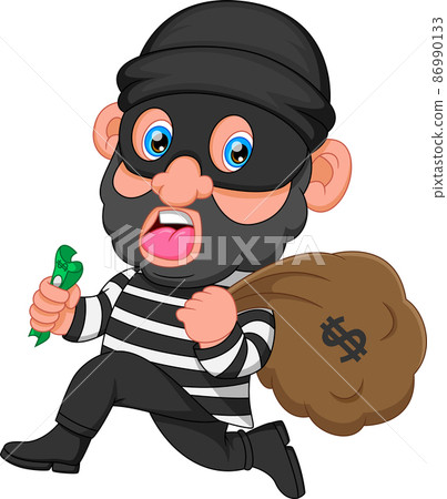 Thief cartoon carrying bag of money with a dollar sign 86990133