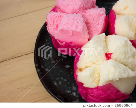 The Chinese fluffy rice flour cake on wood table for celebration day 86990964