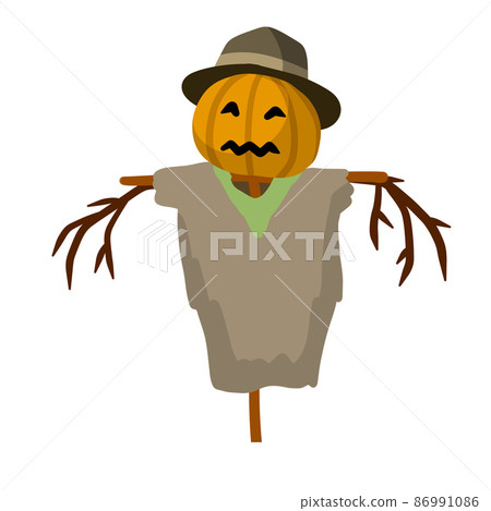 Scarecrow with a pumpkin head. Funny bogeyman with hat 86991086