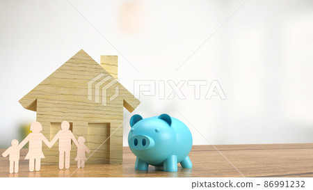 The family wood plate and piggy bank  for property or savings  concept 3d rendering 86991232