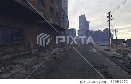 Post apocalyptic cityscape 3d illustration ruined buildings 86991972