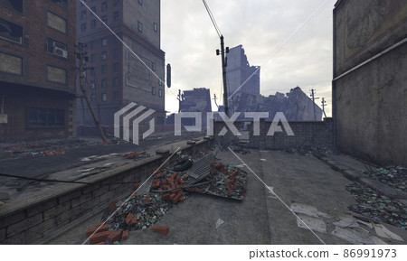 Post apocalyptic cityscape 3d illustration ruined buildings 86991973