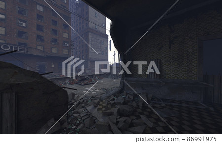 Post apocalyptic cityscape 3d illustration ruined buildings 86991975
