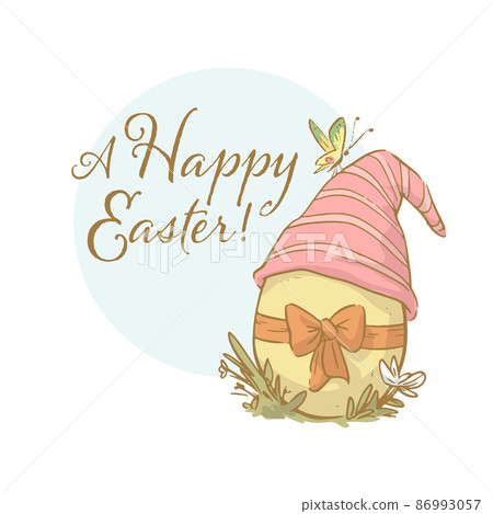 Vector Happy Easter congratulation design with text greeting and easter egg in gnome hat isolated. Vector Happy Easter congratulation design with text greeting and easter egg in gnome hat isolated. 86993057