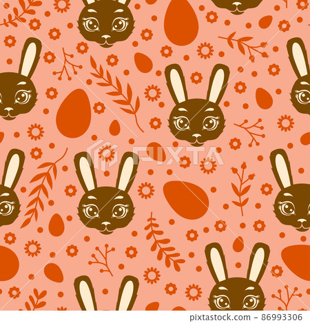 Easter pattern seamless with bunnies muzzle, eggs and decorative floral element Easter pattern seamless with bunnies muzzle, eggs and decorative floral element 86993306
