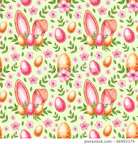 Watercolor pattern with Easter eggs, rabbit ears, flowers 86993374
