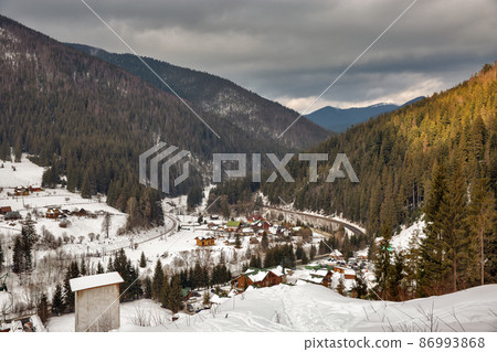 Winter resort Vorochta in Carpathian Mountains, Ukraine. Winter resort Vorochta in Carpathian Mountains, Ukraine. 86993868