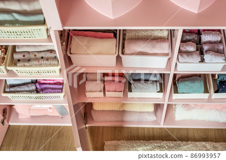 Female kid pink closet with comfortable vertical storage clothes organization case box 86993957
