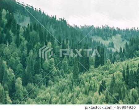 The green forest valley is reflected in the clear calm lake water. The green forest valley is reflected in the clear calm lake water. 86994920