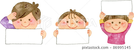 [Set material] Illustrations of children with message boards (3 people) 86995145