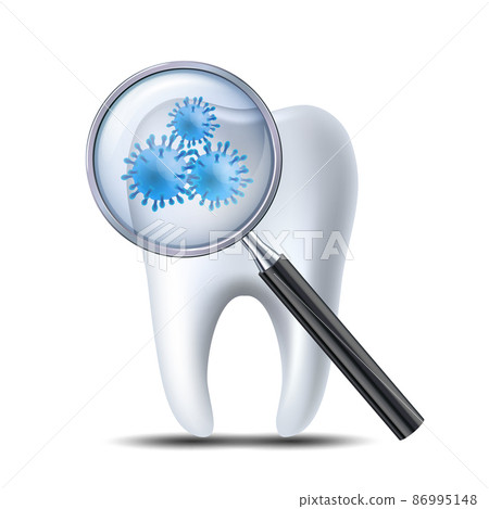 Icon check teeth at dentist. Tooth with a magnifying glass showing microscopic bacteria or viruses. Icon check teeth at dentist. Tooth with a magnifying glass showing microscopic bacteria or viruses. 86995148