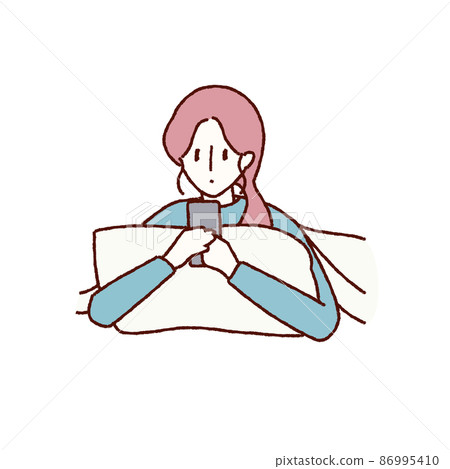 一個女人躺在床上使用智能手機的插圖 86995410