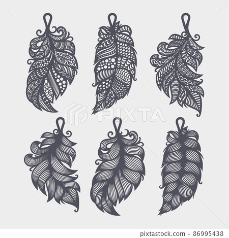 Set of pendants in the shape of leaf, feather. Beautiful hanging decoration, ornaments with lace pattern. Vector template for cnc, plotter laser cutting of jewelry, key chains, accessories, bijouterie Set of pendants in the shape of leaf, feather. Beautiful hanging decoration, ornaments with lace pattern. Vector template for cnc, plotter laser cutting of jewelry, key chains, accessories, bijouterie 86995438