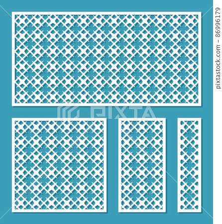 Set of square, rectangular panels, lattice. Borders with a geometric pattern of stars, spikes, rhombuses, lines. Template for plotter laser cutting of paper, metal engraving, wood carving, cnc. Vector 86996179