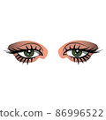 Vector hand-drawn girls sexy luxurious eyes with perfectly shaped and full lashes. Good for design business visit card, cartoon character. Perfect salon look. 86996522