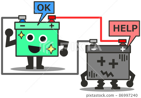 Illustration of connecting a defective battery with a cable and charging 86997240