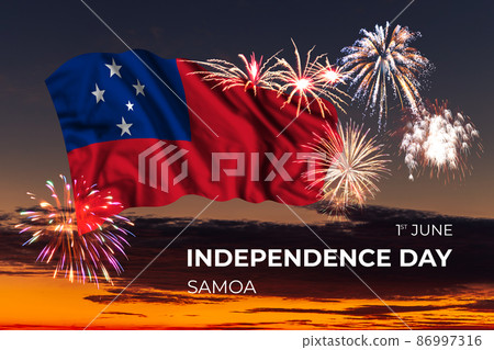 Sky with majestic fireworks and flag of Samoa Sky with majestic fireworks and flag of Samoa 86997316