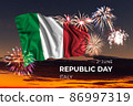 Sky with majestic fireworks and flag of Italy 86997319
